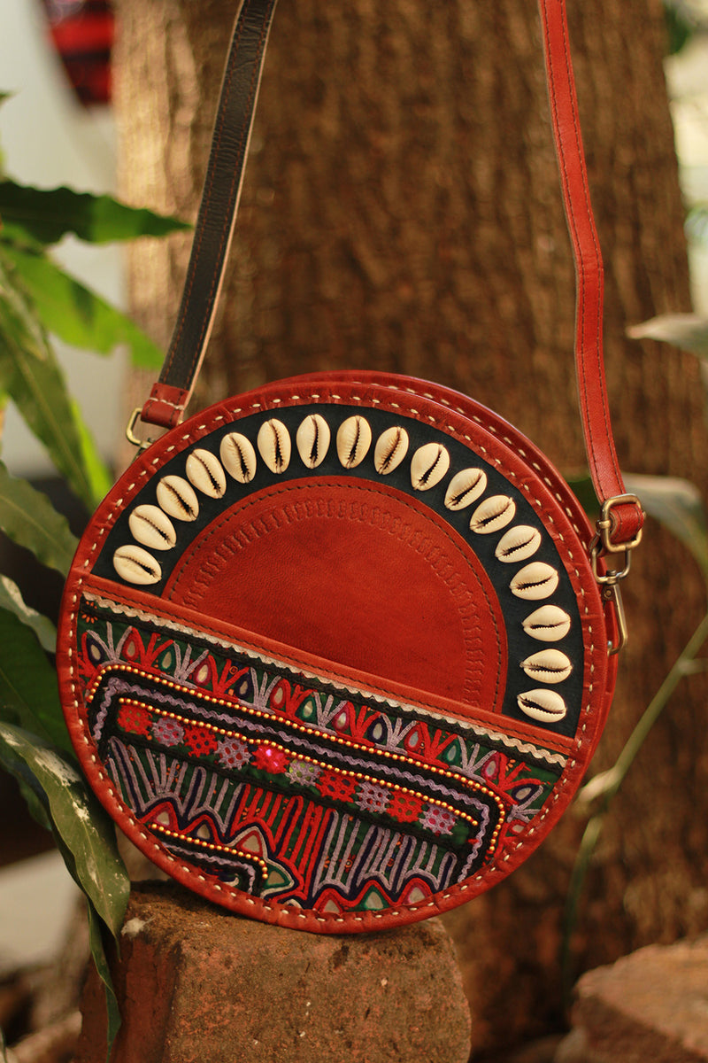 Handcrafted Kutch Leather Bag | Mirrorwork | Brown