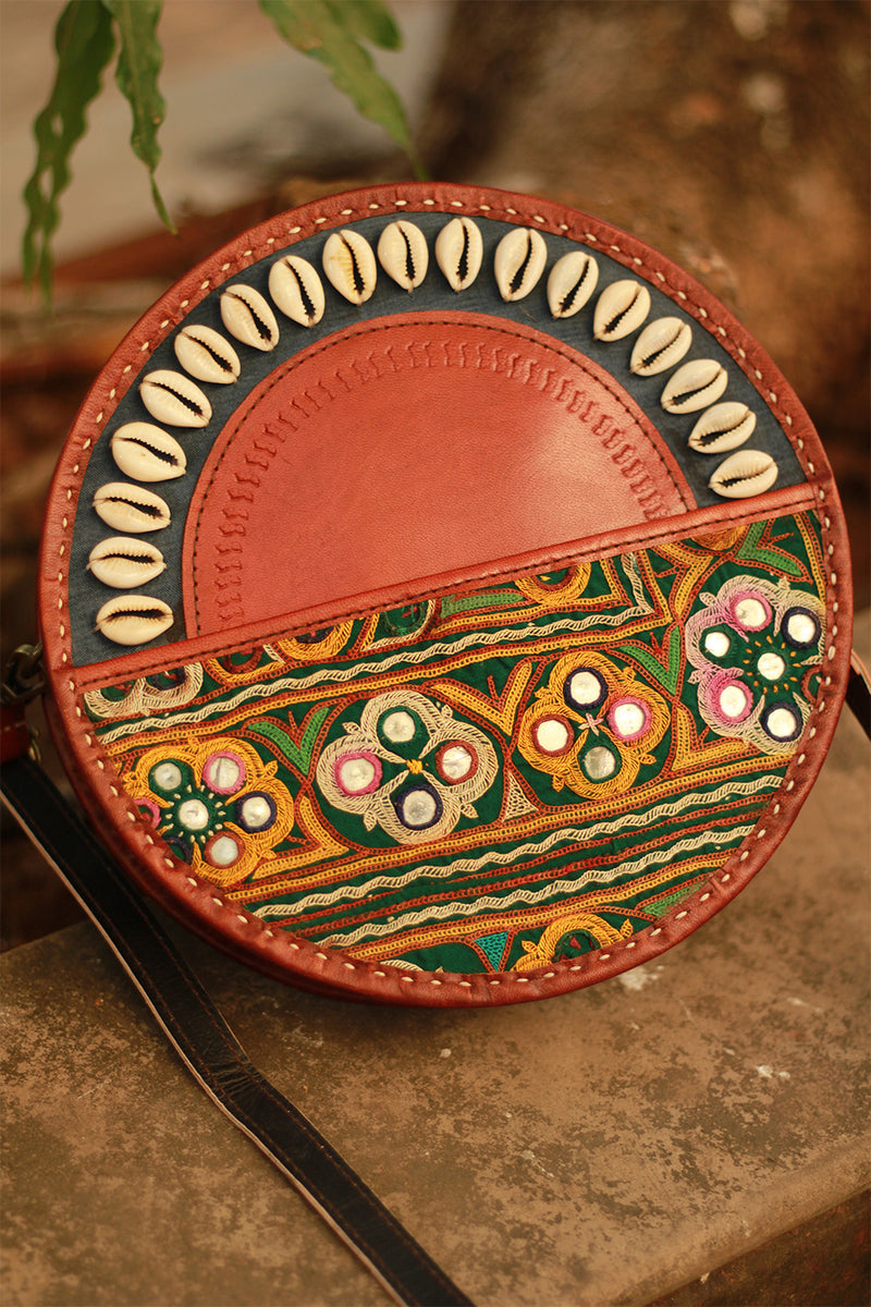 Handcrafted Kutch Leather Bag | Mirrorwork | Brown