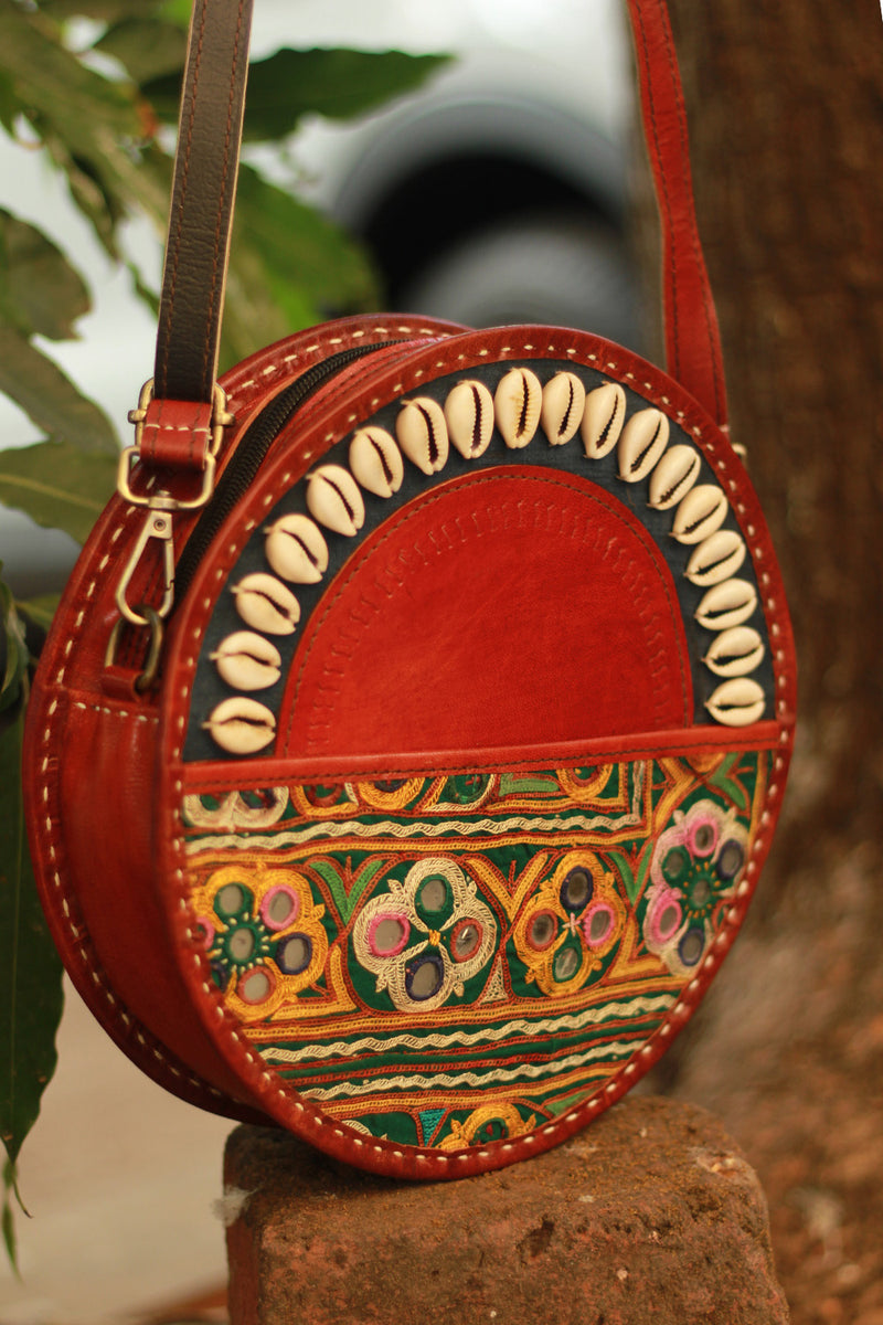 Handcrafted Kutch Leather Bag | Mirrorwork | Brown