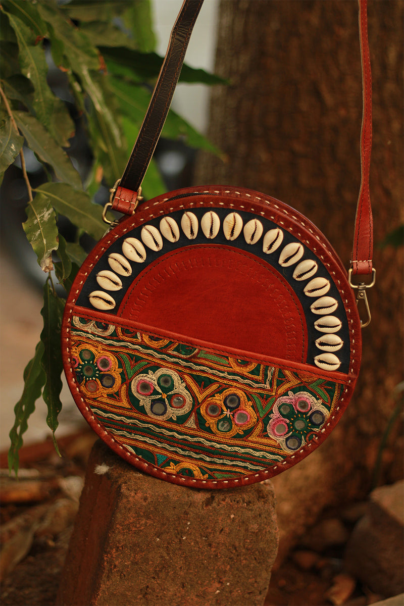 Handcrafted Kutch Leather Bag | Mirrorwork | Brown