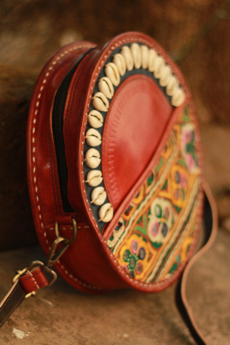 Handcrafted Kutch Leather Bag | Mirrorwork | Brown