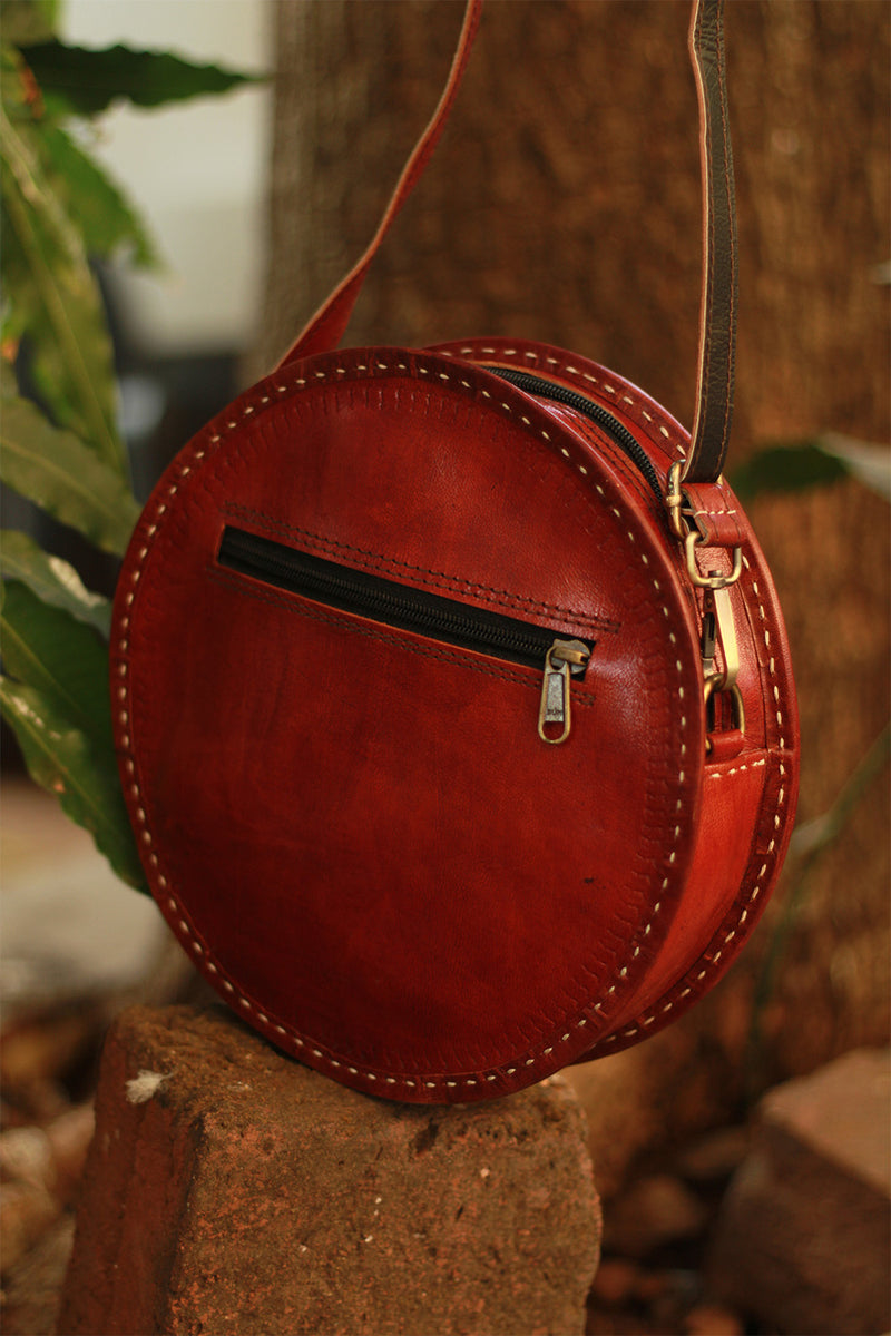 Handcrafted Kutch Leather Bag | Mirrorwork | Brown