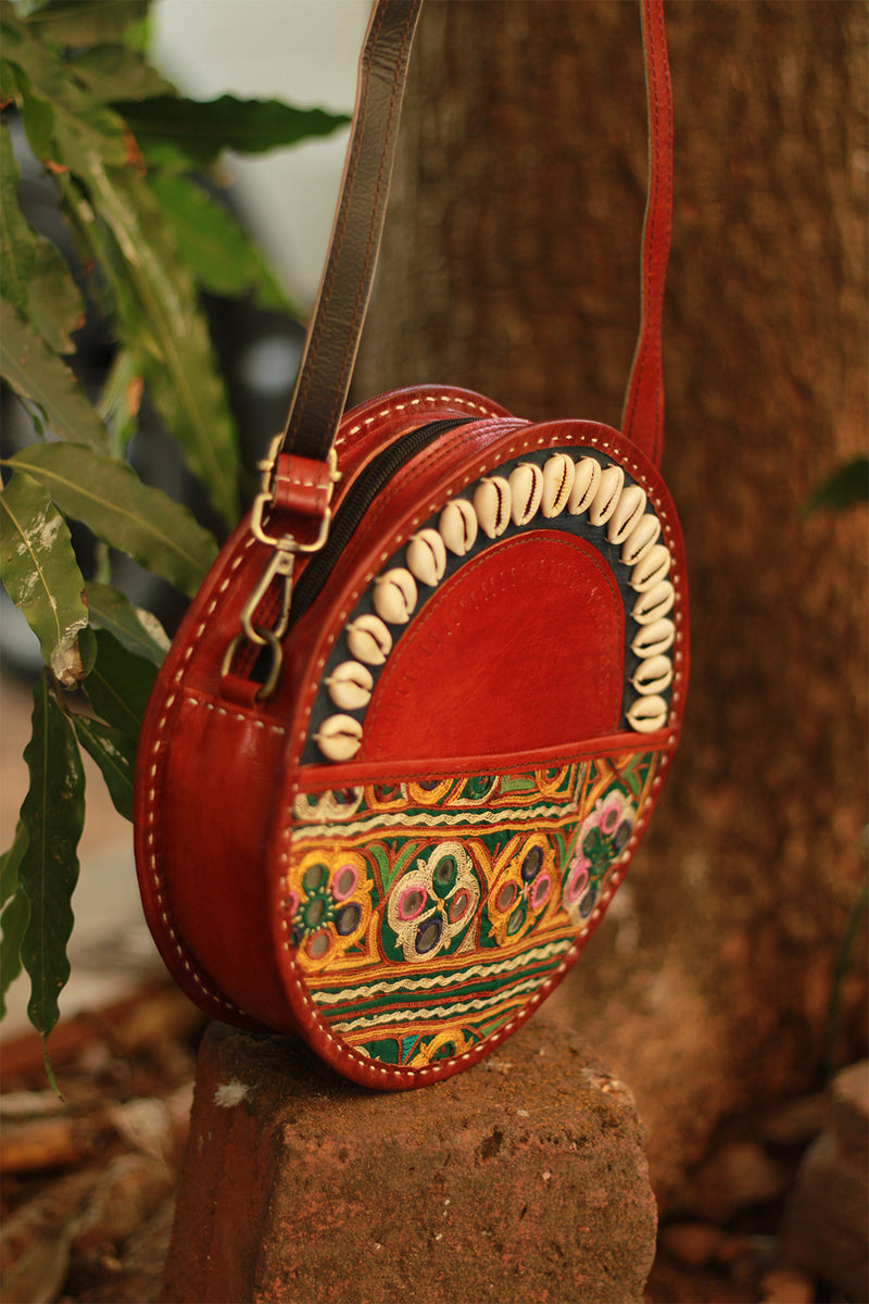 Handcrafted Kutch Leather Bag | Mirrorwork | Brown