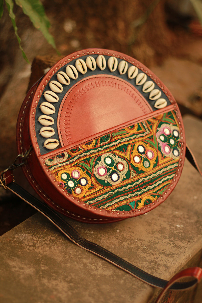 Handcrafted Kutch Leather Bag | Mirrorwork | Brown