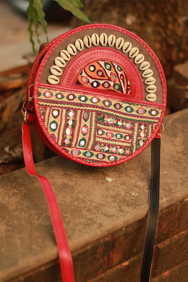 Handcrafted Kutch Leather Bag | Mirrorwork | Brown