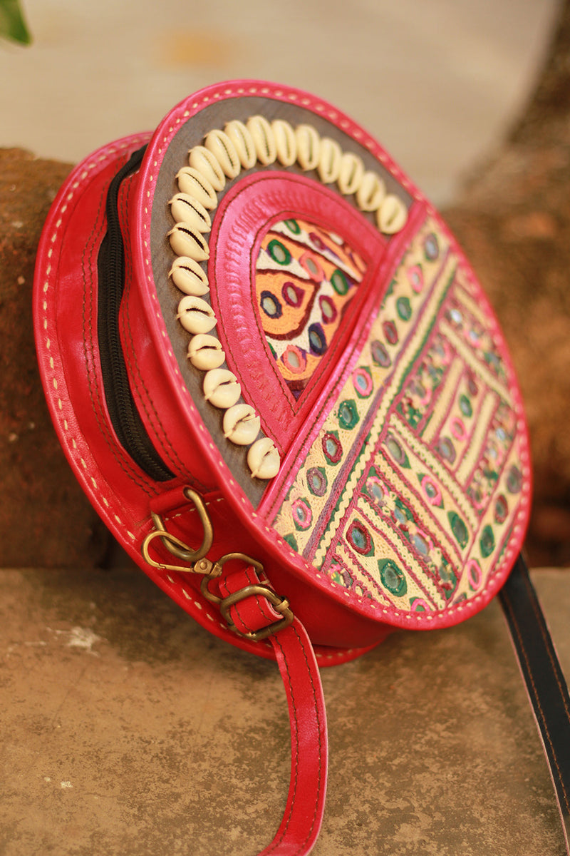 Handcrafted Kutch Leather Bag | Mirrorwork | Brown