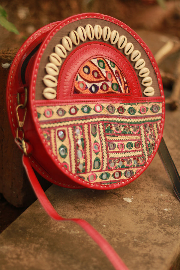 Handcrafted Kutch Leather Bag | Mirrorwork | Brown