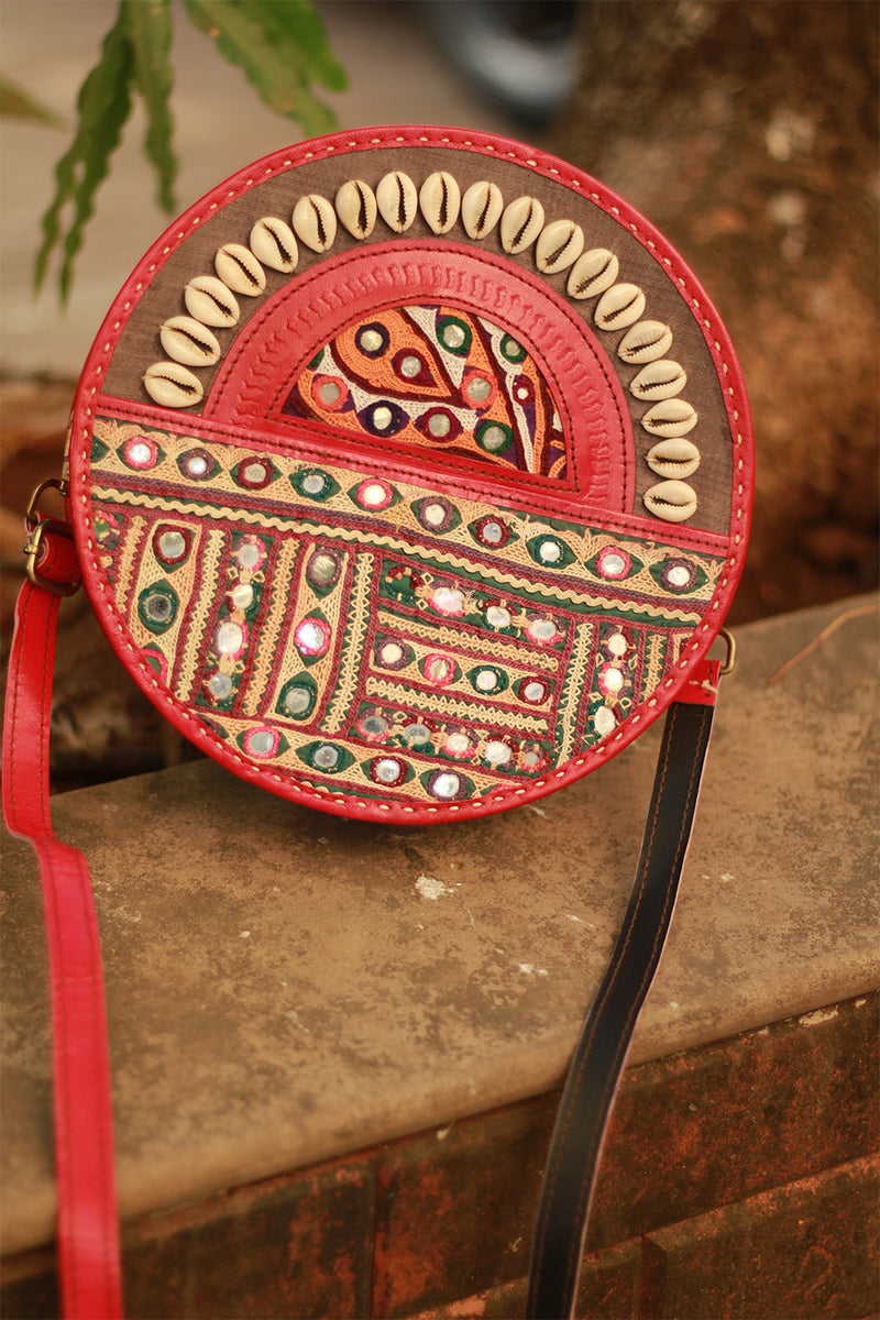 Handcrafted Kutch Leather Bag | Mirrorwork | Brown