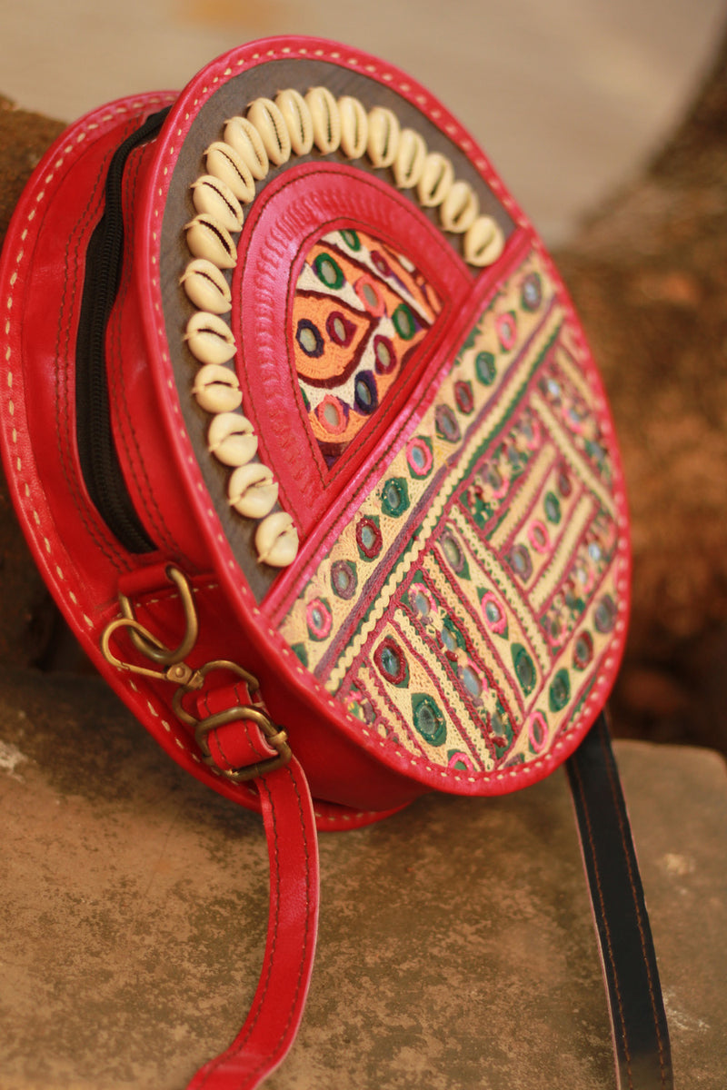 Handcrafted Kutch Leather Bag | Mirrorwork | Brown