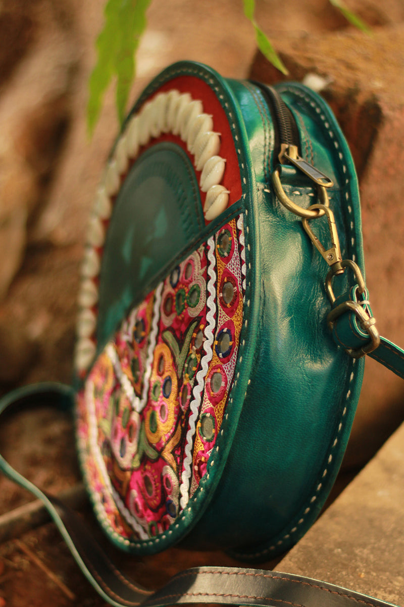 Handcrafted Kutch Leather Bag | Mirrorwork | Teal