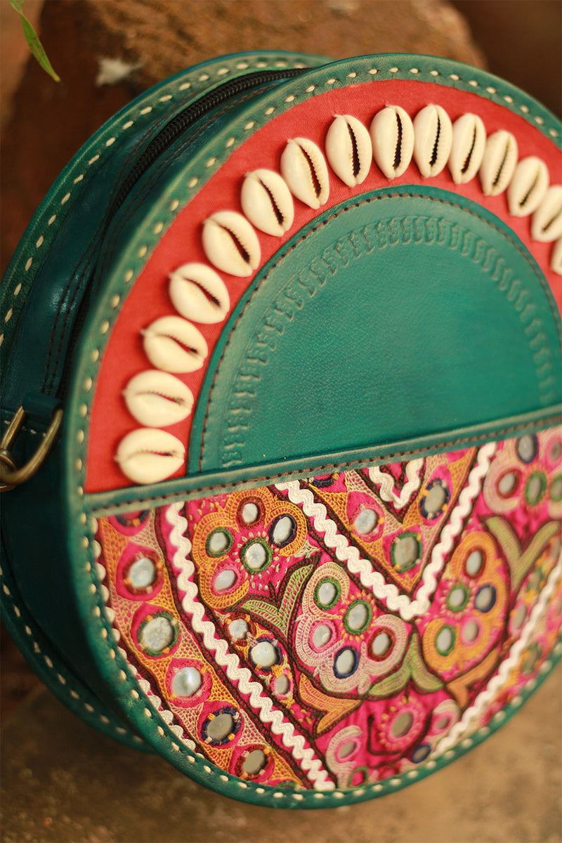 Handcrafted Kutch Leather Bag | Mirrorwork | Teal