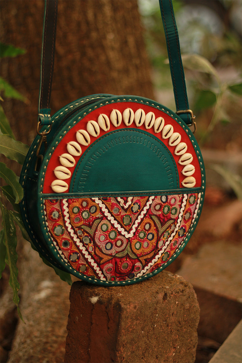 Handcrafted Kutch Leather Bag | Mirrorwork | Teal