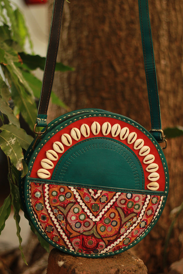 Handcrafted Kutch Leather Bag | Mirrorwork | Teal