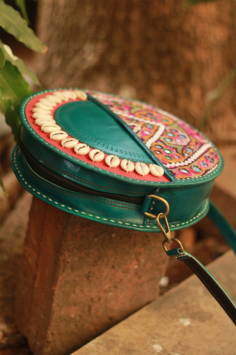 Handcrafted Kutch Leather Bag | Mirrorwork | Teal