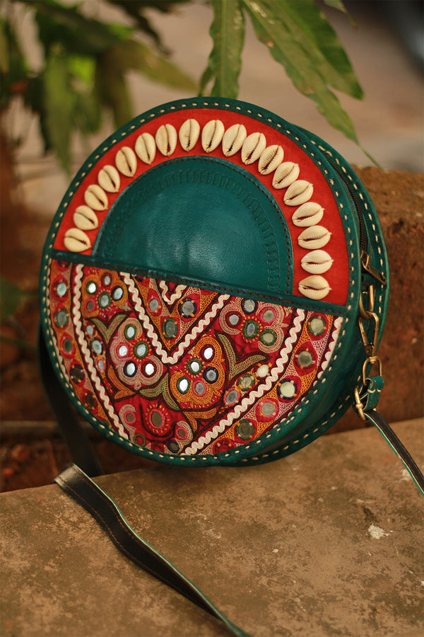 Handcrafted Kutch Leather Bag | Mirrorwork | Teal