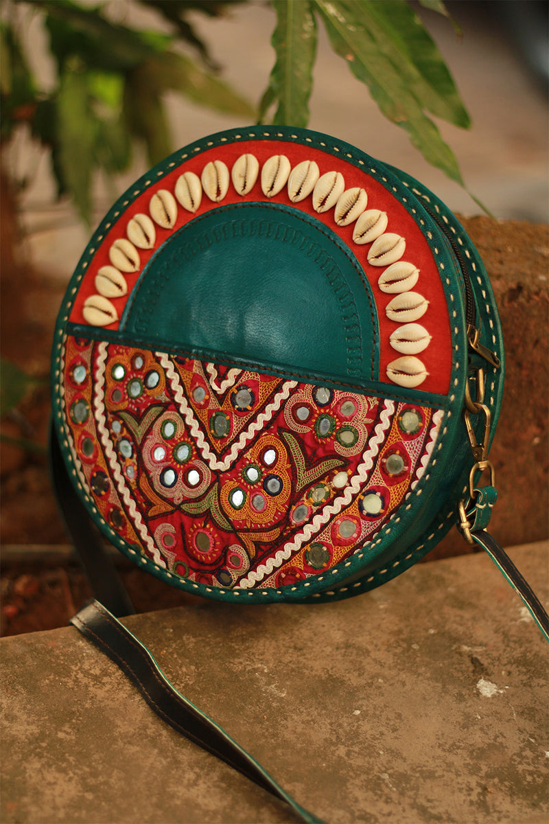 Handcrafted Kutch Leather Bag | Mirrorwork | Teal