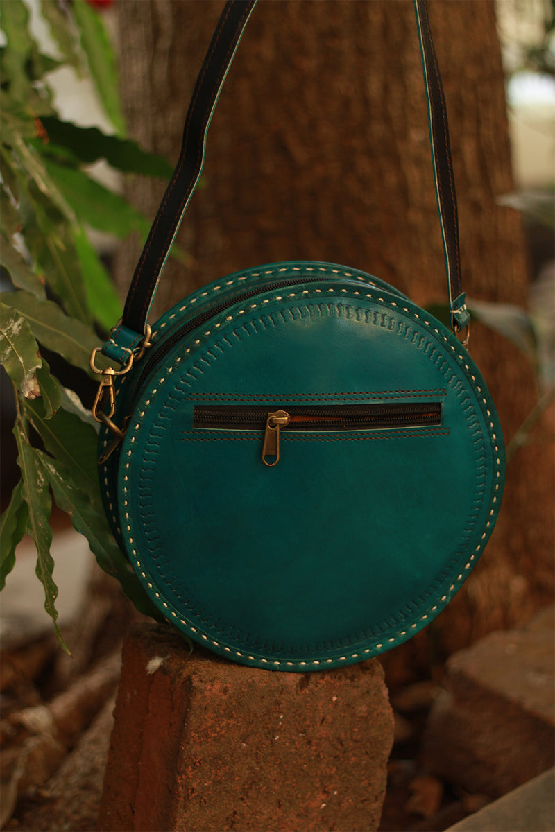 Handcrafted Kutch Leather Bag | Mirrorwork | Teal