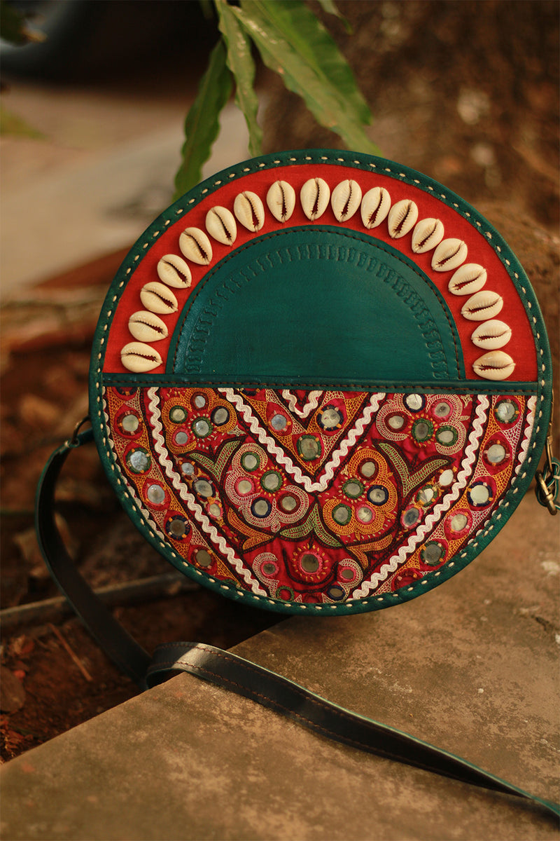 Handcrafted Kutch Leather Bag | Mirrorwork | Teal