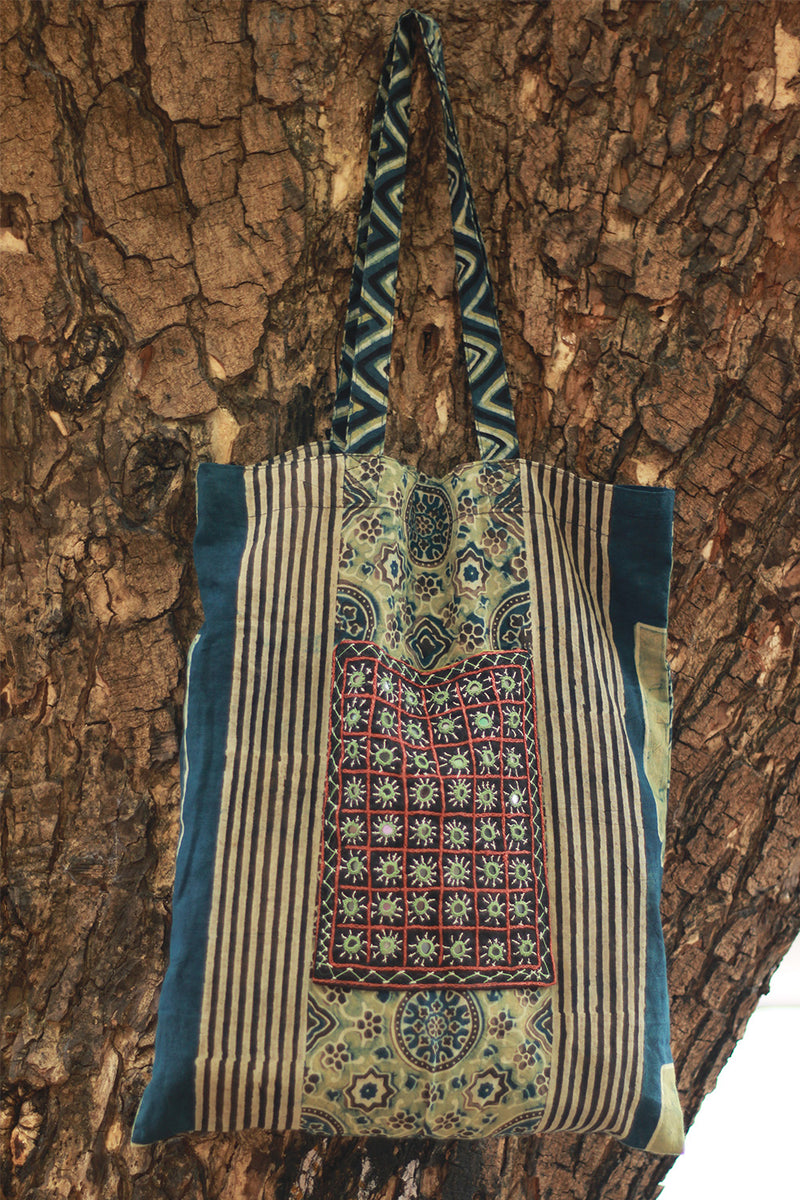 Fabric Jhola Bag | Sea Green Universe Ajrakh