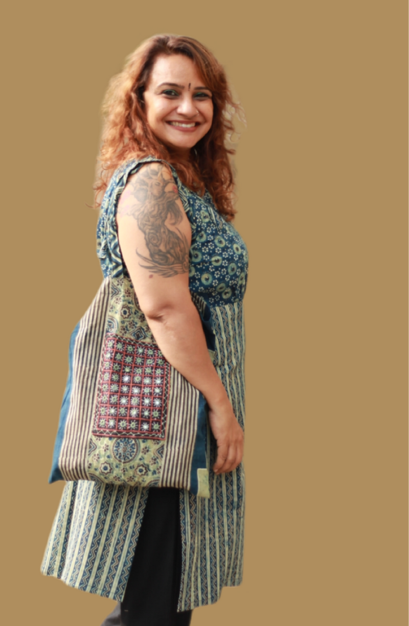 Fabric Jhola Bag | Sea Green Universe Ajrakh
