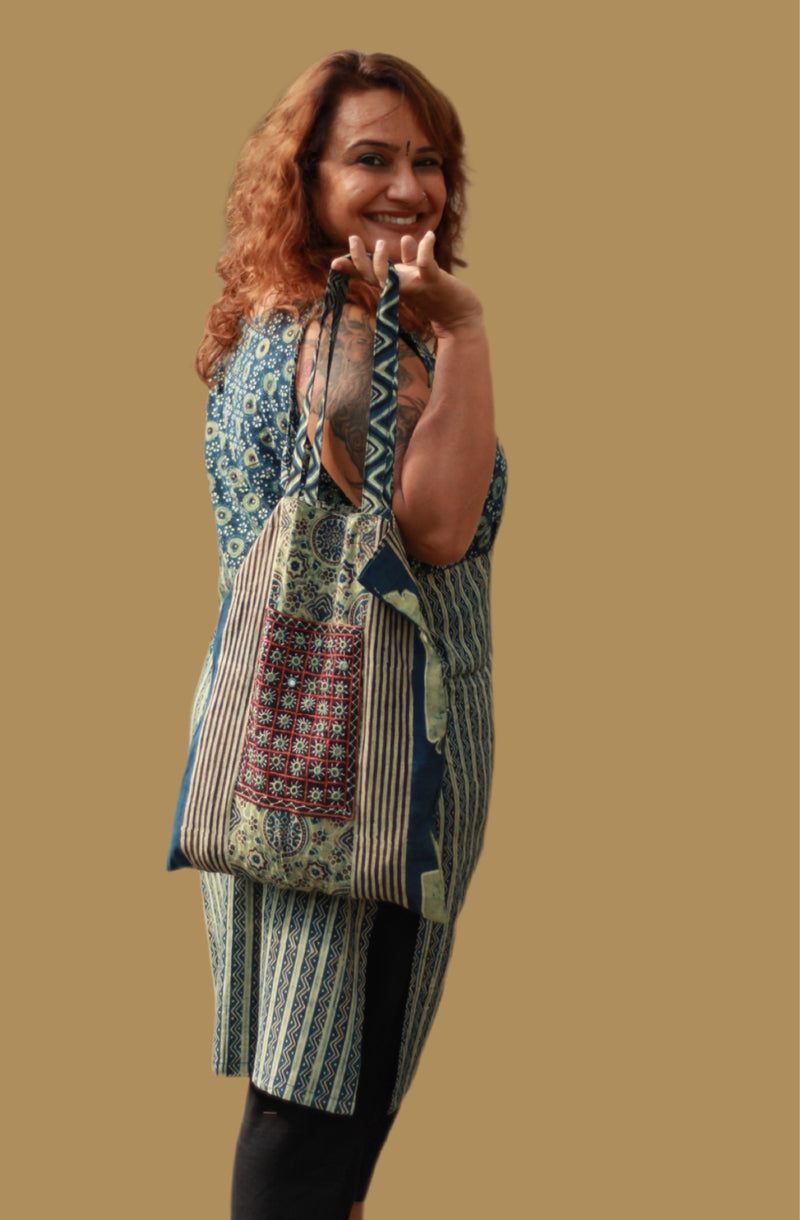 Fabric Jhola Bag | Sea Green Universe Ajrakh