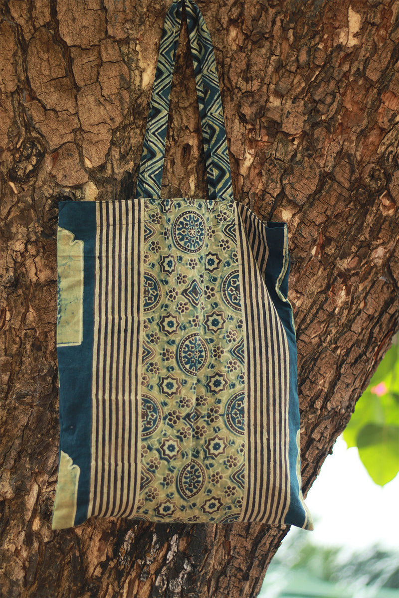 Fabric Jhola Bag | Sea Green Universe Ajrakh