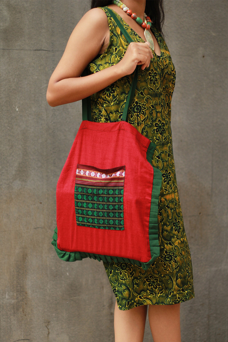 Fabric Jhola Bag | Rouge with Green Khunn
