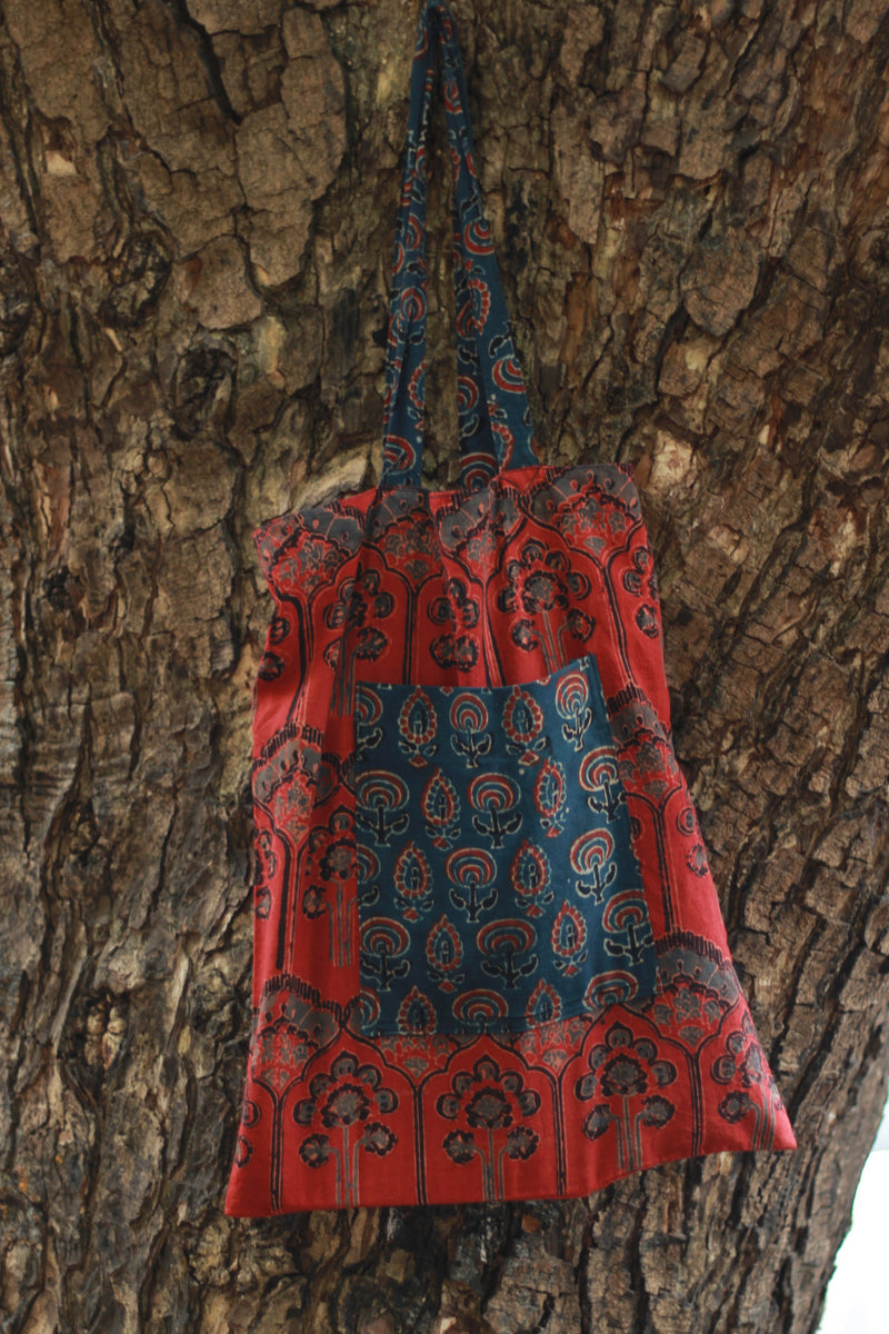 Fabric Jhola Bag | Blue & Rust Prakriti Ajrakh