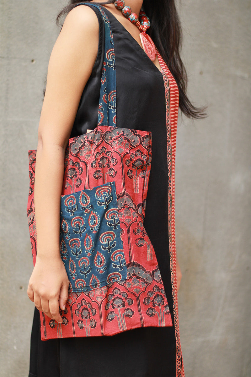 Fabric Jhola Bag | Blue & Rust Prakriti Ajrakh