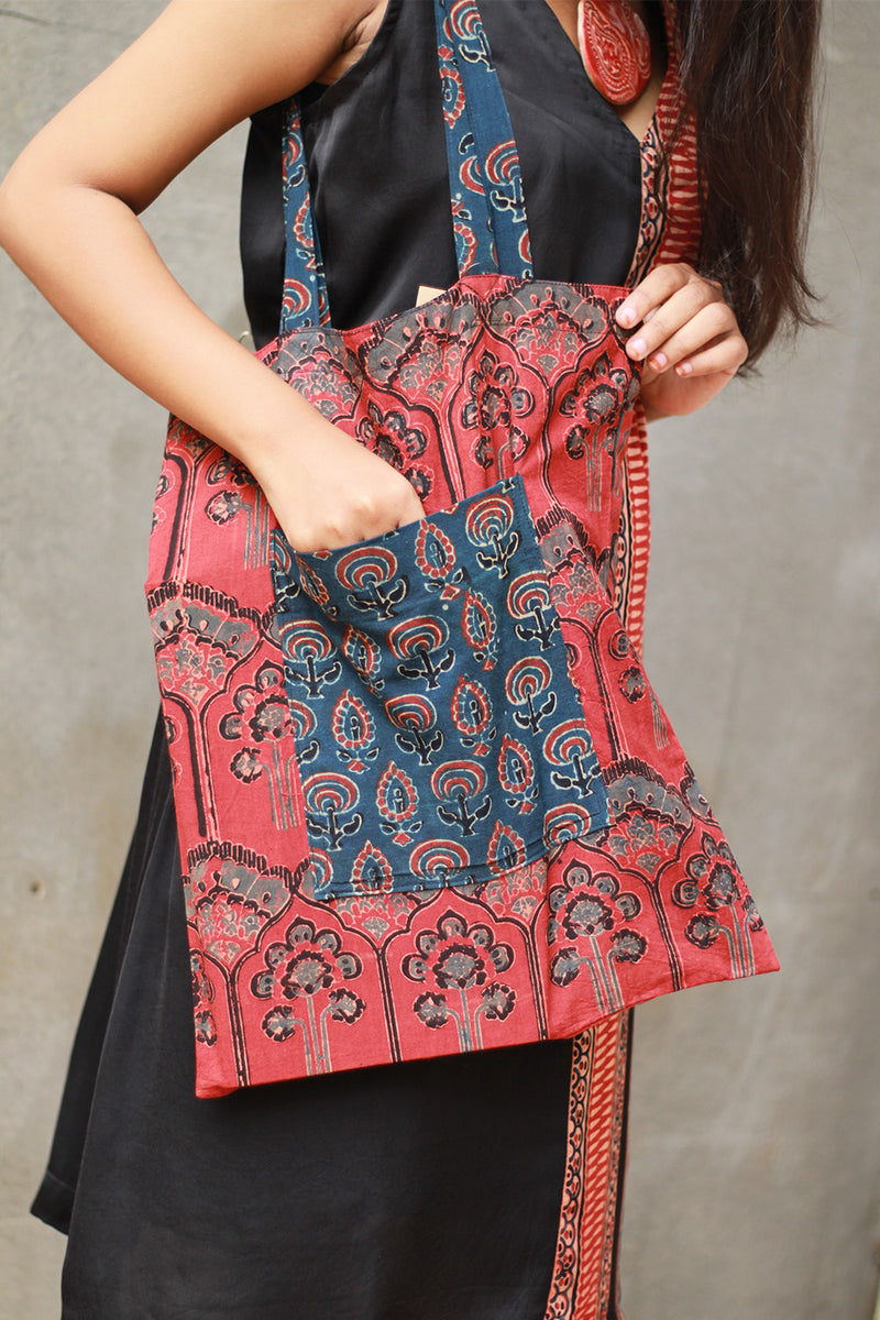 Fabric Jhola Bag | Blue & Rust Prakriti Ajrakh