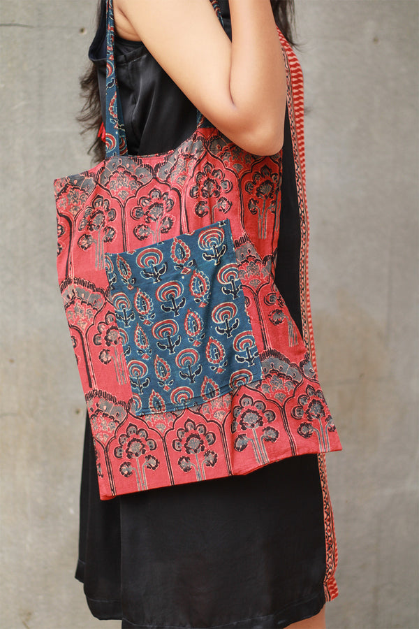 Fabric Jhola Bag | Blue & Rust Prakriti Ajrakh