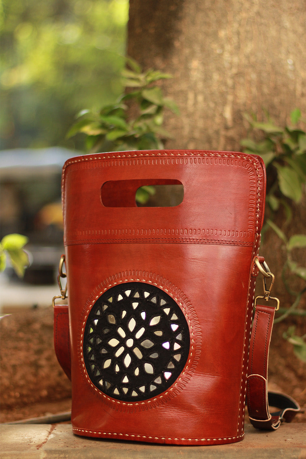 Handcrafted Kutch Leather Bag | Mirrorwork | Brown