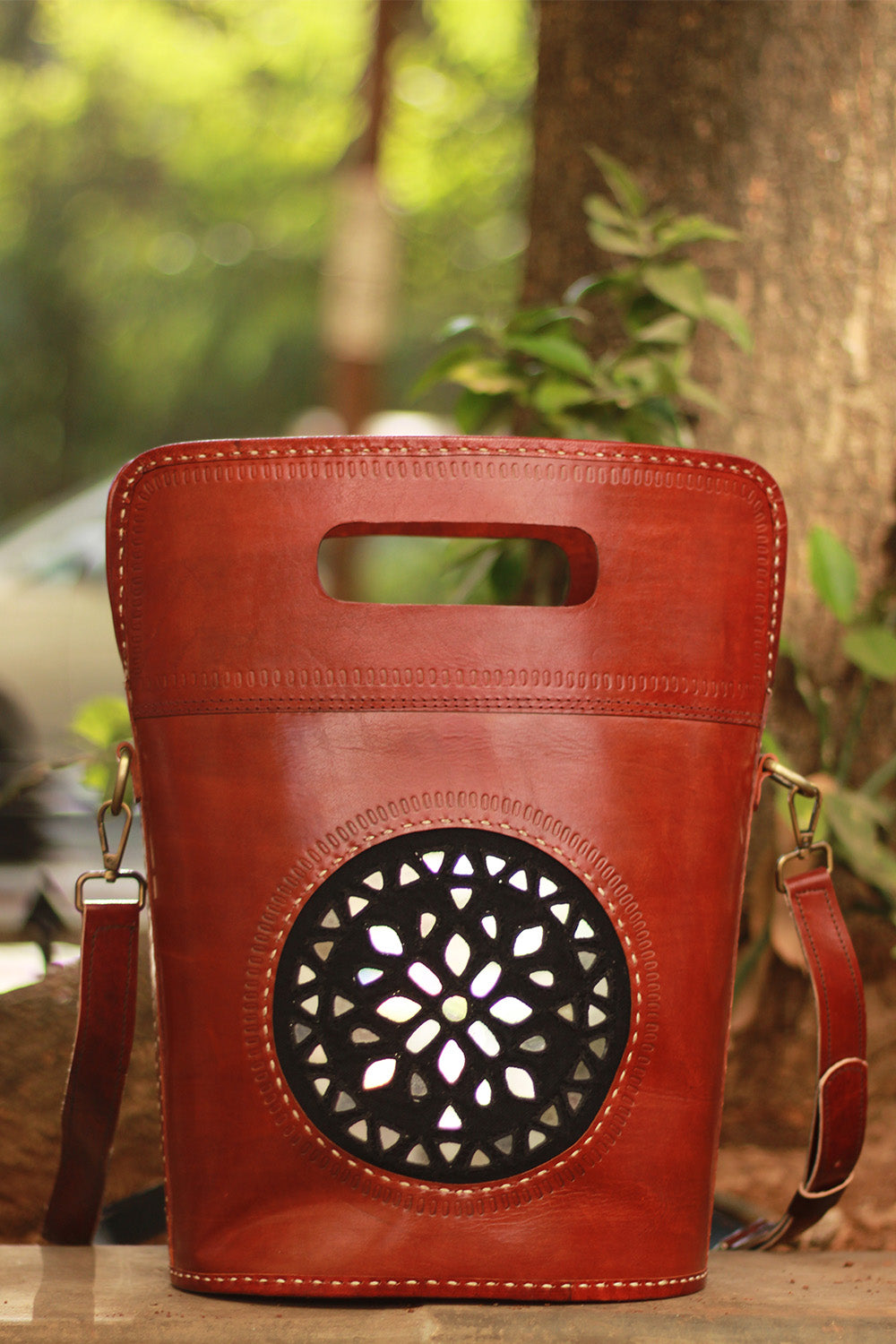 Handcrafted Kutch Leather Bag | Mirrorwork | Brown