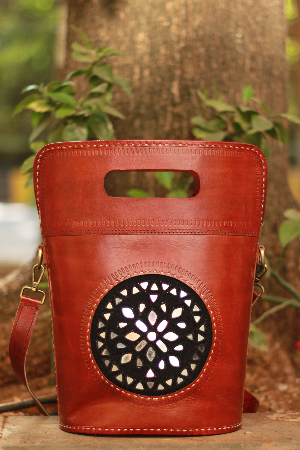 Handcrafted Kutch Leather Bag | Mirrorwork | Brown