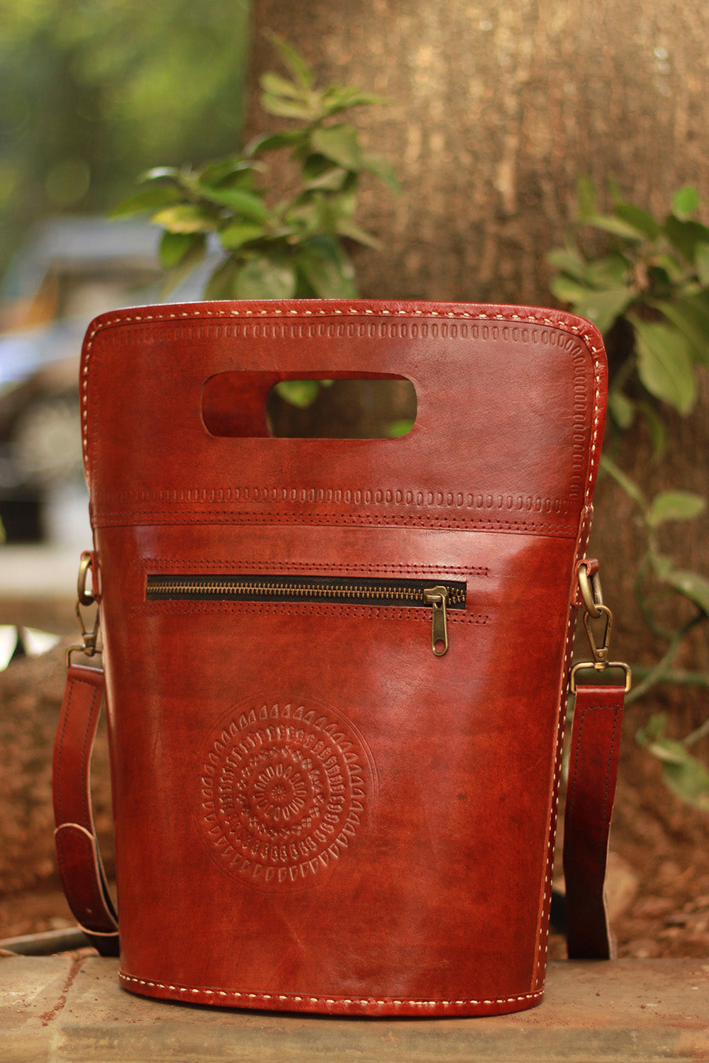 Handcrafted Kutch Leather Bag | Mirrorwork | Brown