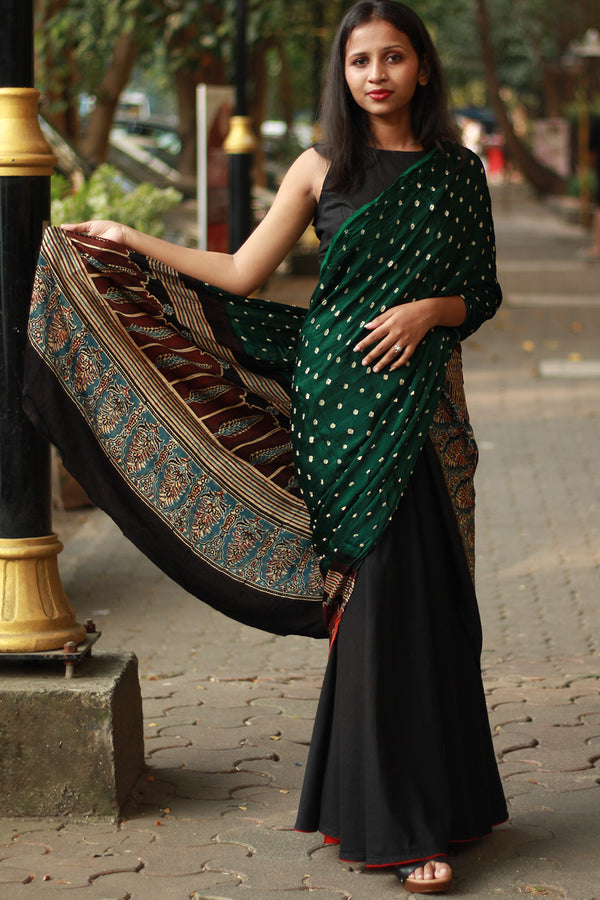 Modal Silk Ajrakh Bandhni Dupatta | Green