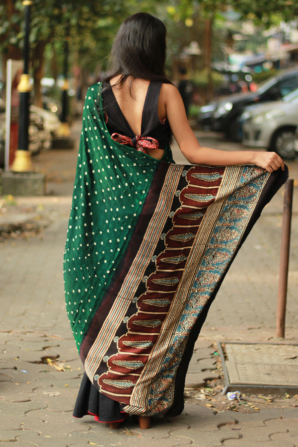 Modal Silk Ajrakh Bandhni Dupatta | Green