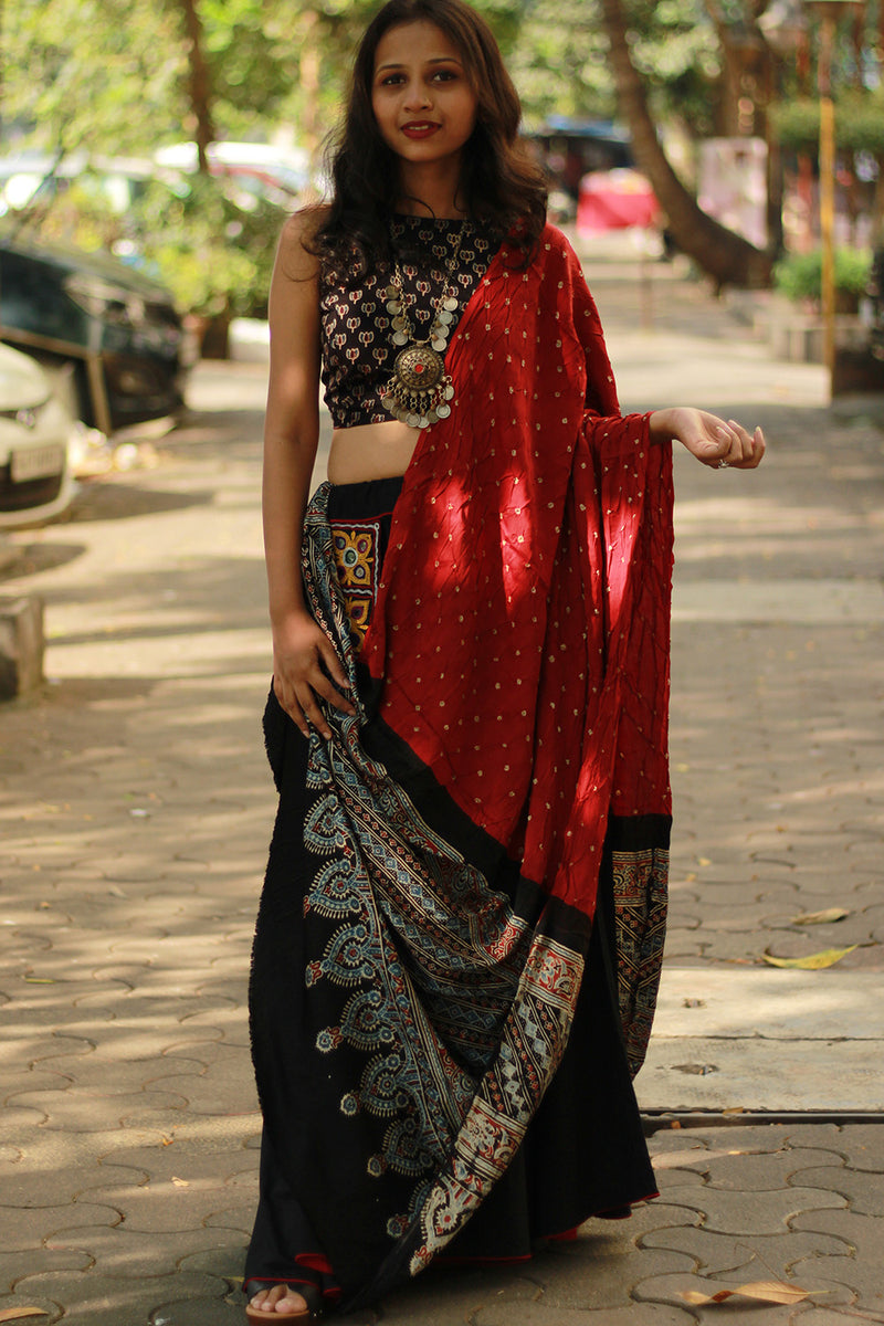 Modal Silk Ajrakh Bandhni Dupatta | Maroon