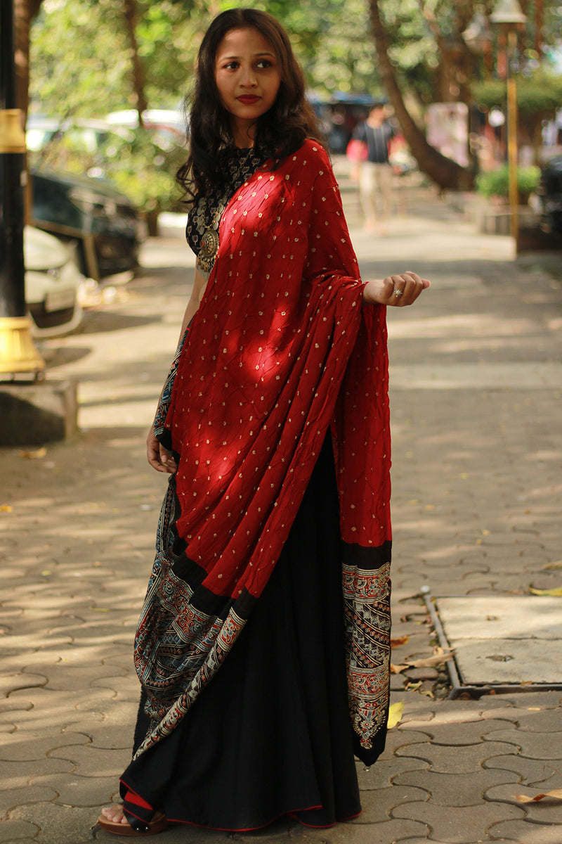 Modal Silk Ajrakh Bandhni Dupatta | Maroon