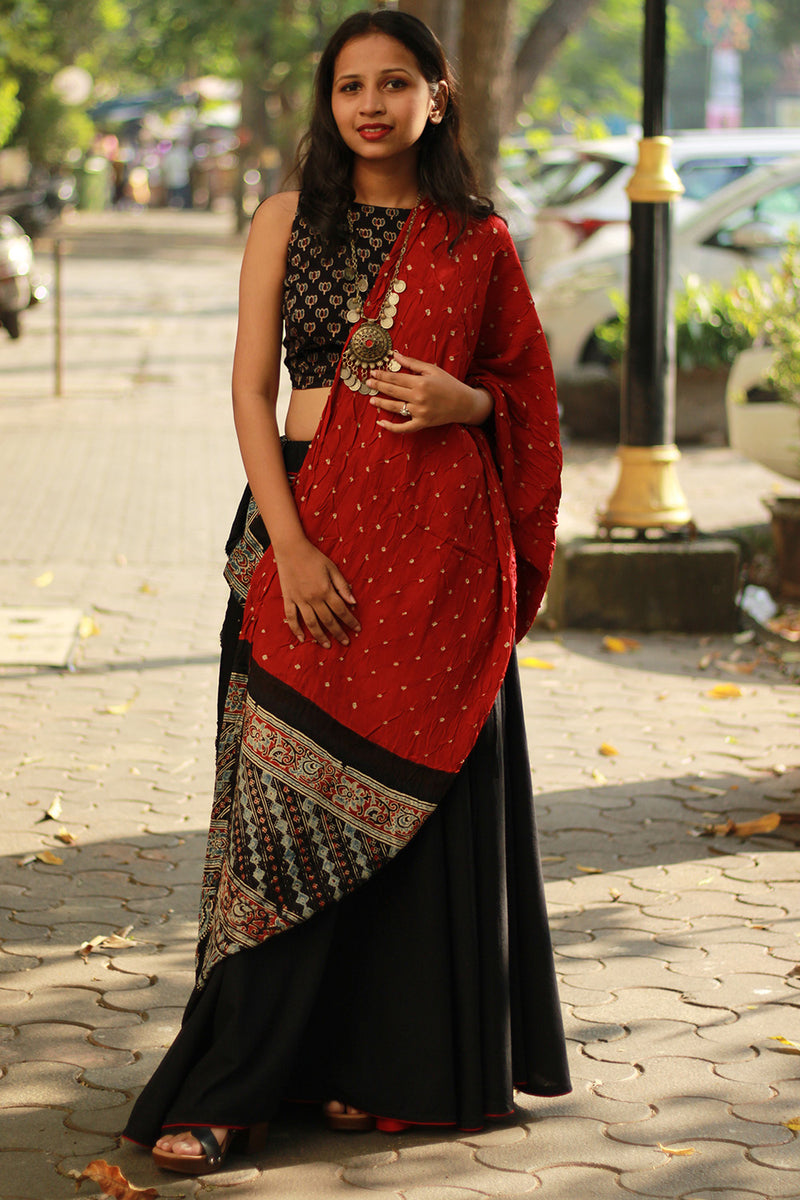Modal Silk Ajrakh Bandhni Dupatta | Maroon
