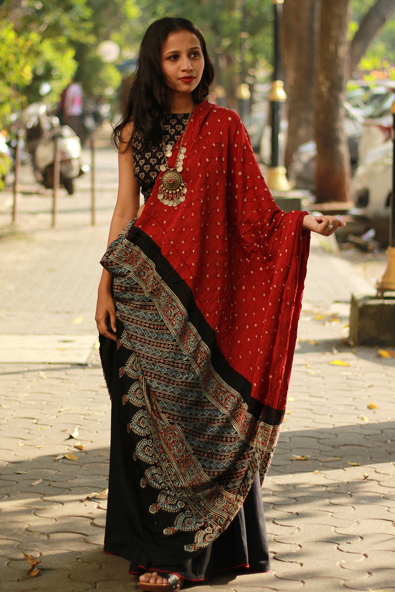 Modal Silk Ajrakh Bandhni Dupatta | Maroon