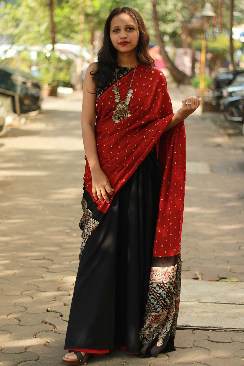 Modal Silk Ajrakh Bandhni Dupatta | Maroon