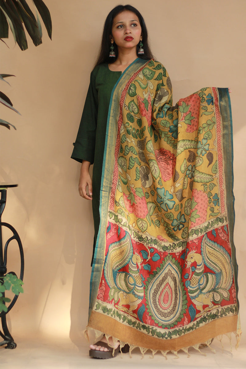 Leela | Cotton Silk Pen Kalamkari Dupatta