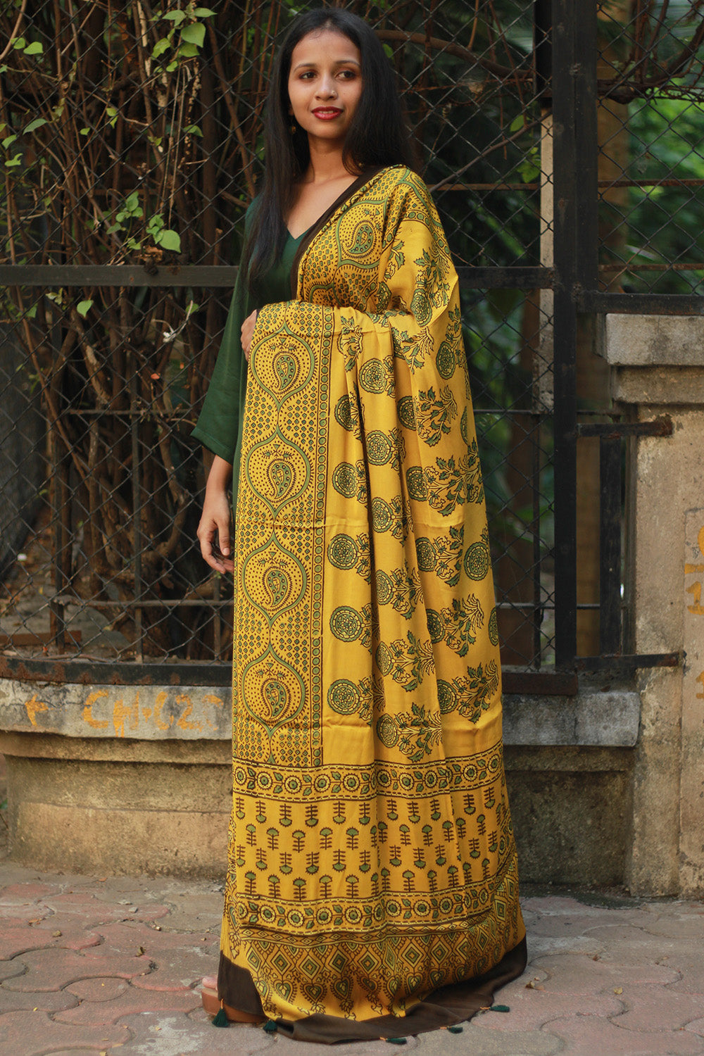 Modal Silk Dupatta | Yellow Floral Ajrakh