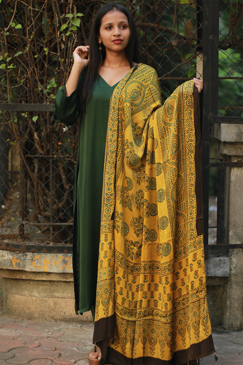 Modal Silk Dupatta | Yellow Floral Ajrakh