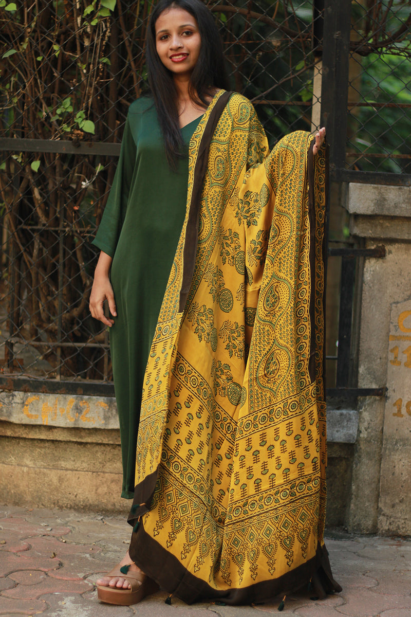 Modal Silk Dupatta | Yellow Floral Ajrakh