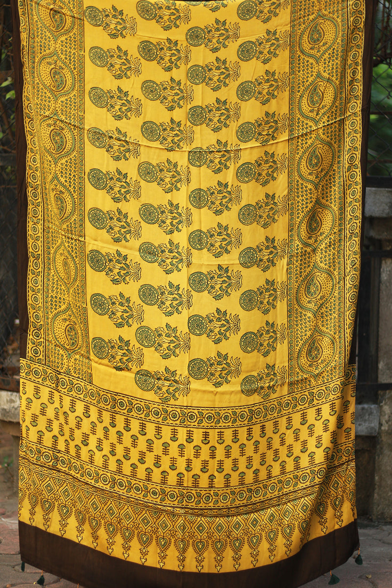 Modal Silk Dupatta | Yellow Floral Ajrakh