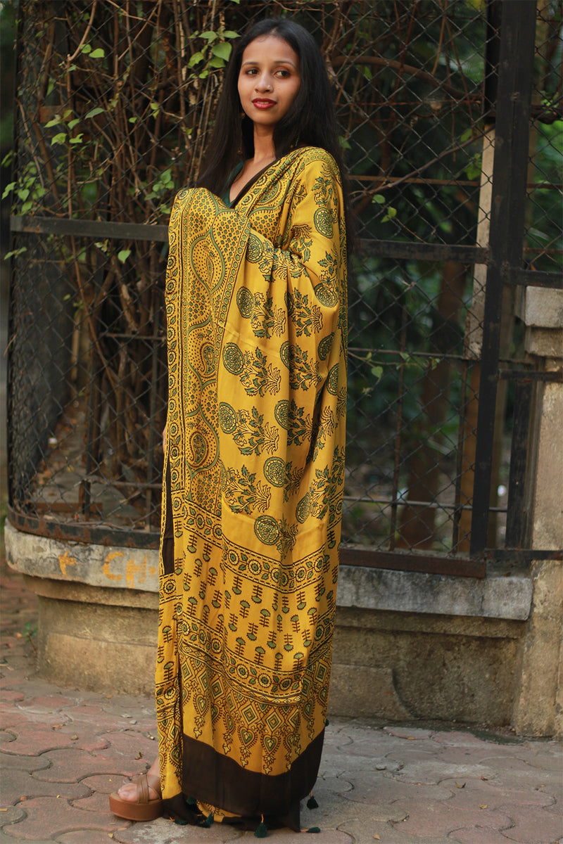 Modal Silk Dupatta | Yellow Floral Ajrakh