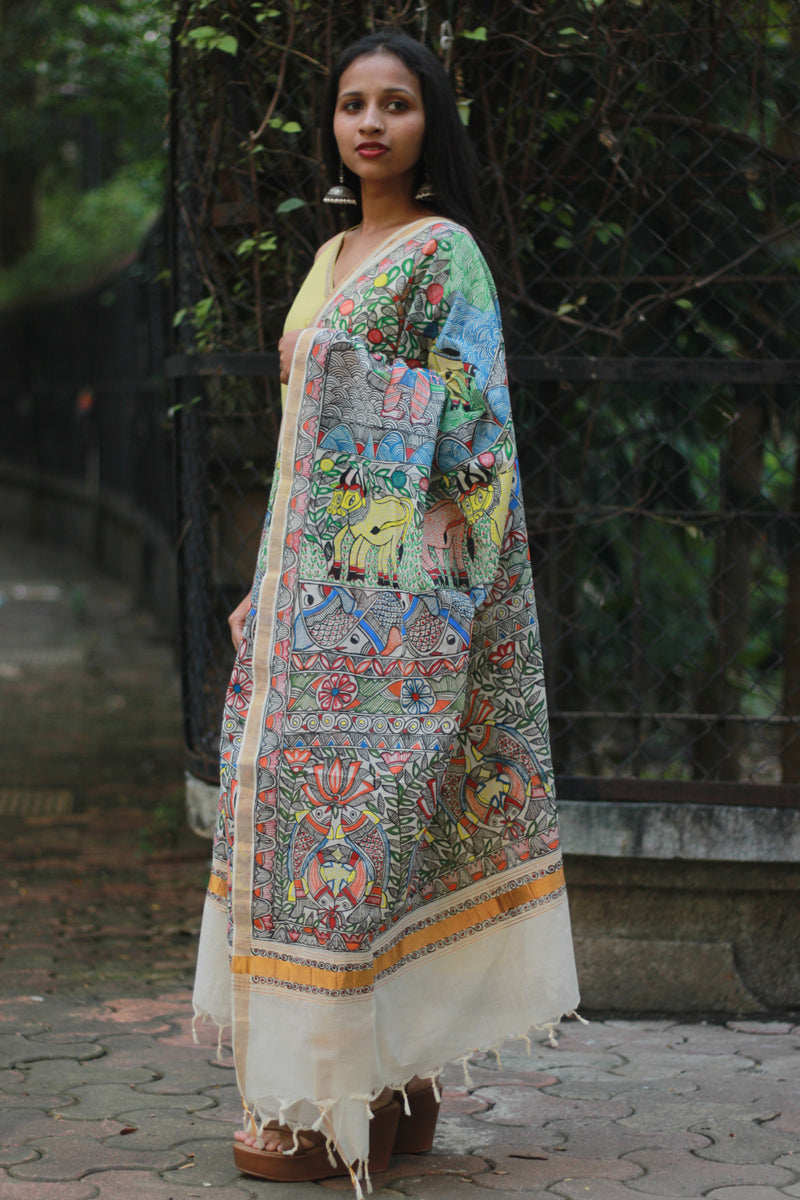 Madhubani Cotton‑Silk Dupatta