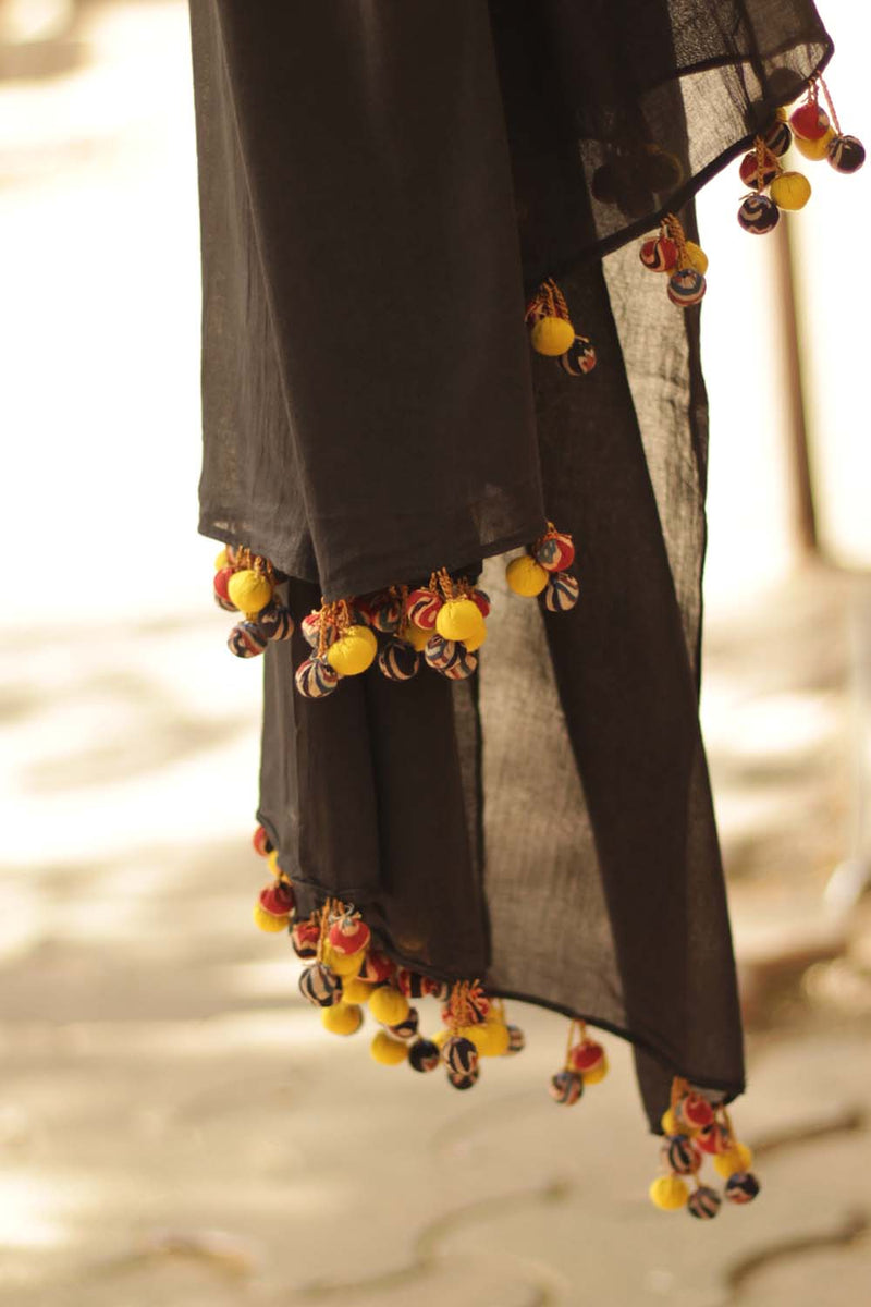 Mul Dupatta with Chindi Tassles- Black